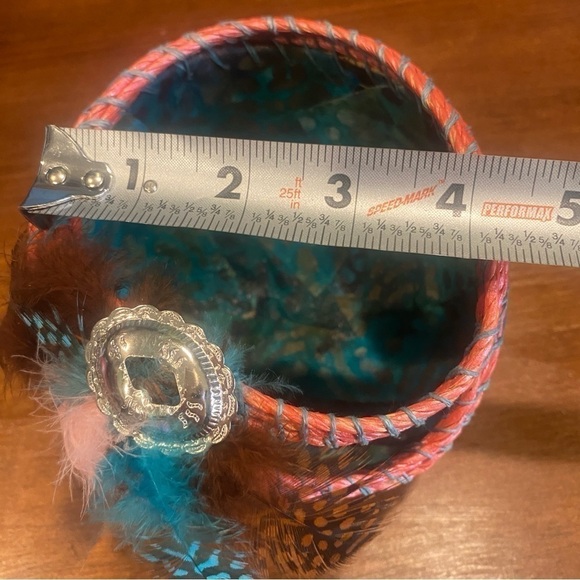 Basket Gourd with Raku finish - Artist made by Martha Cline Turquoise Feathers - Picture 11 of 13